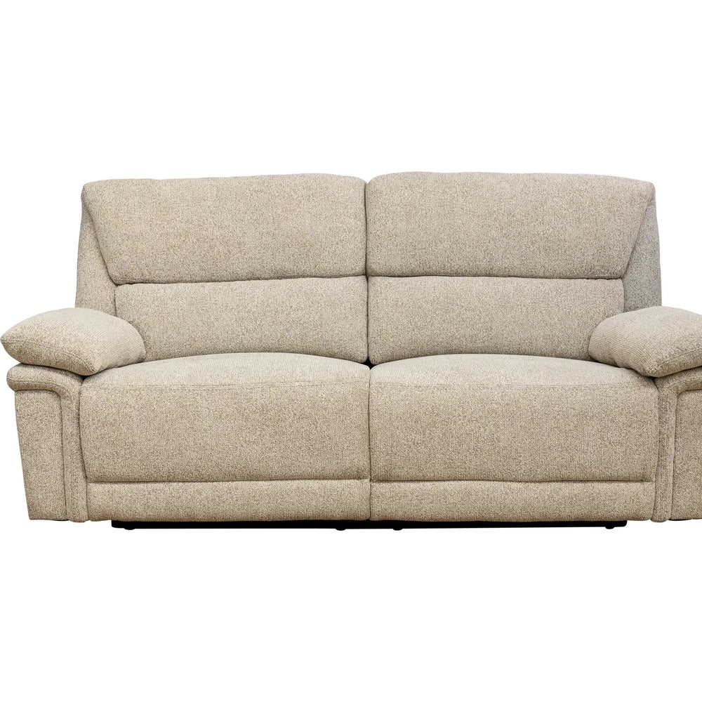 A two-seater upholstered reclining sofa in a textured light beige fabric, shown from a front-facing perspective against a plain white background.