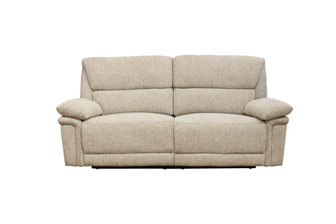 A two-seater upholstered reclining sofa in a textured light beige fabric, shown from a front-facing perspective against a plain white background.