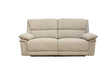 A two-seater upholstered reclining sofa in a textured light beige fabric, shown from a front-facing perspective against a plain white background.