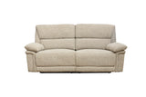 A two-seater upholstered reclining sofa in a textured light beige fabric, shown from a front-facing perspective against a plain white background.