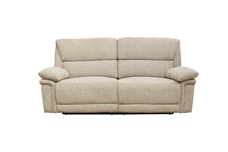 A two-seater upholstered reclining sofa in a textured light beige fabric, shown from a front-facing perspective against a plain white background.