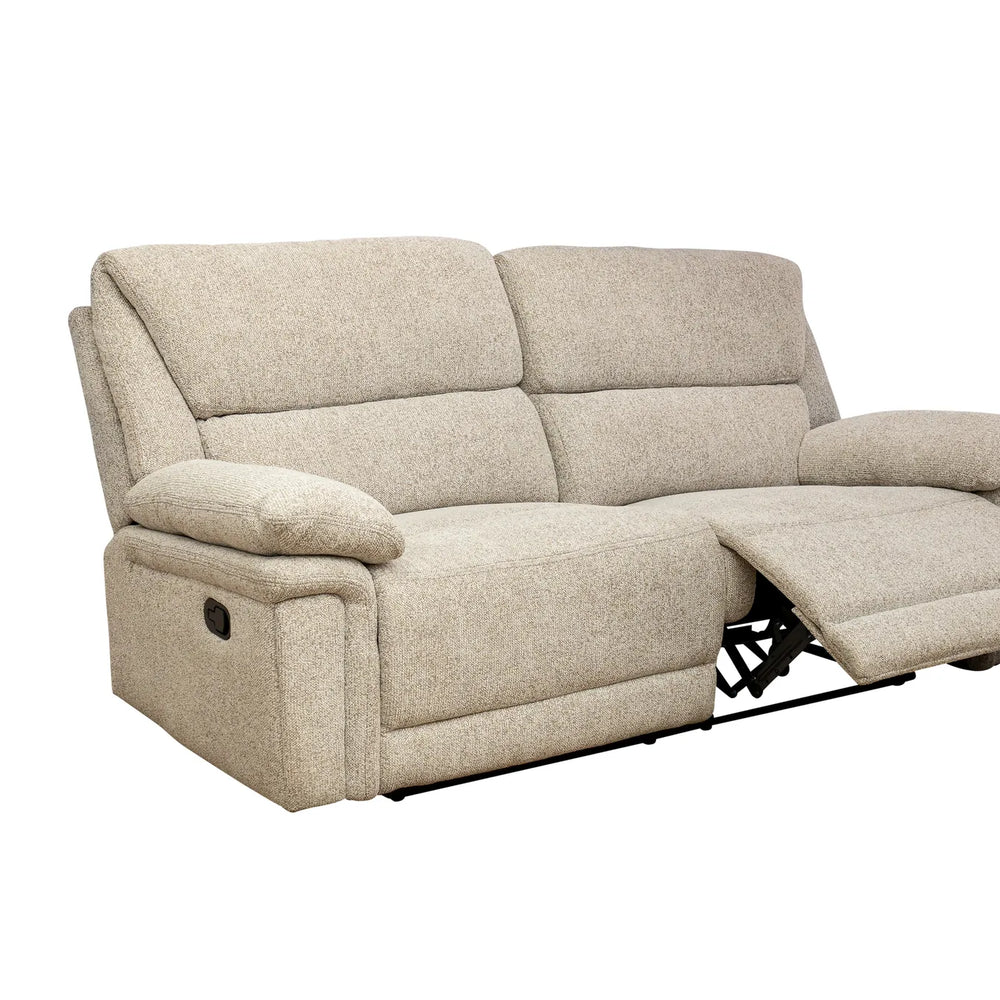 A beige upholstered reclining loveseat shown on a plain white background, with the right side reclined and footrest extended.