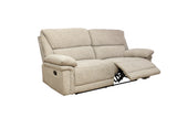 A beige upholstered reclining loveseat shown on a plain white background, with the right side reclined and footrest extended.