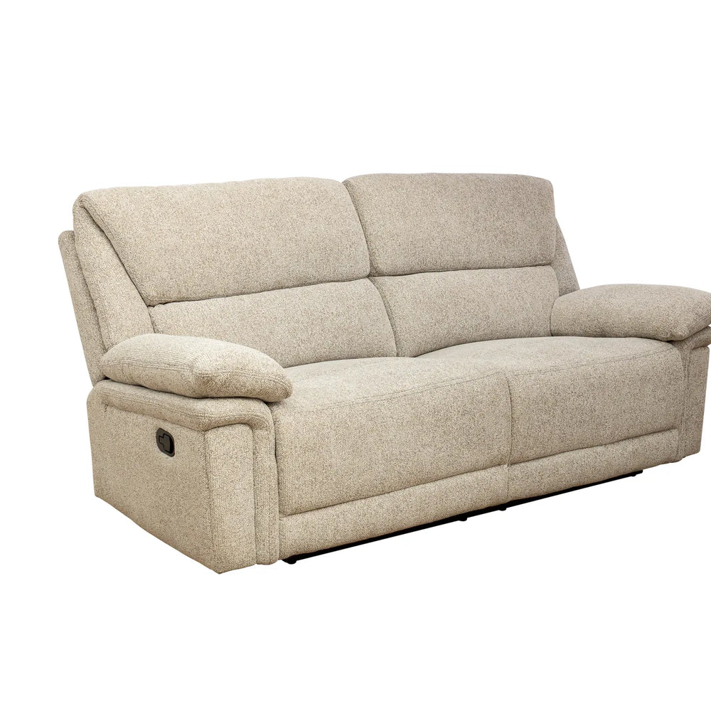 A light beige upholstered reclining loveseat sofa with segmented back cushions and padded armrests, shown on a plain white background.