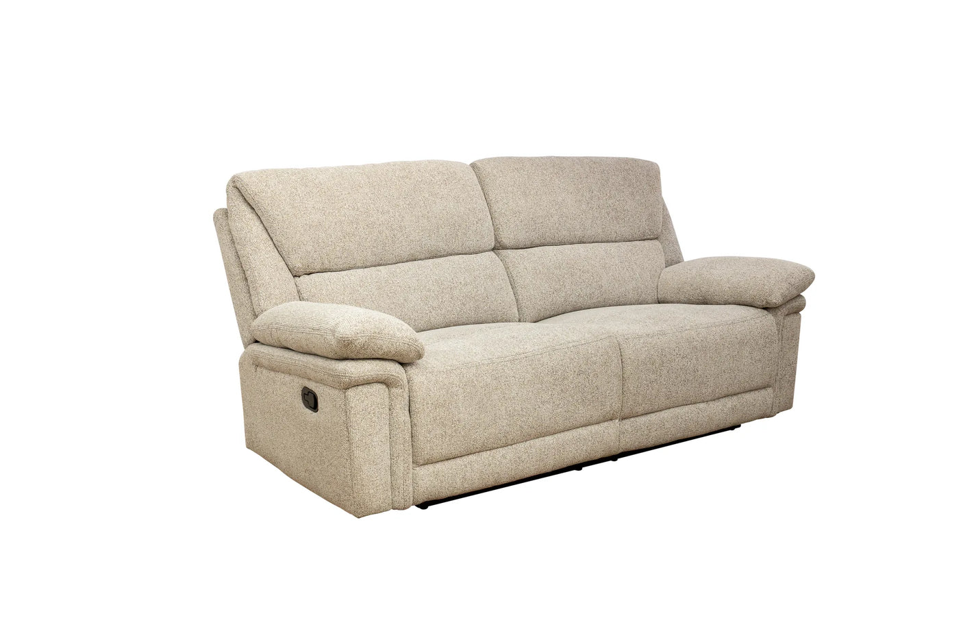 A light beige upholstered reclining loveseat sofa with segmented back cushions and padded armrests, shown on a plain white background.