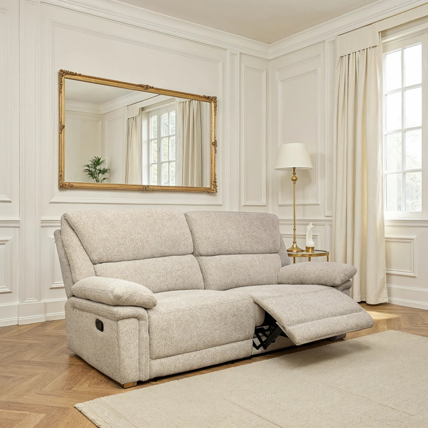 A light beige upholstered reclining loveseat sofa shown in a bright, white-paneled living room with a floor lamp, curtains, and a large gold-framed mirror.
