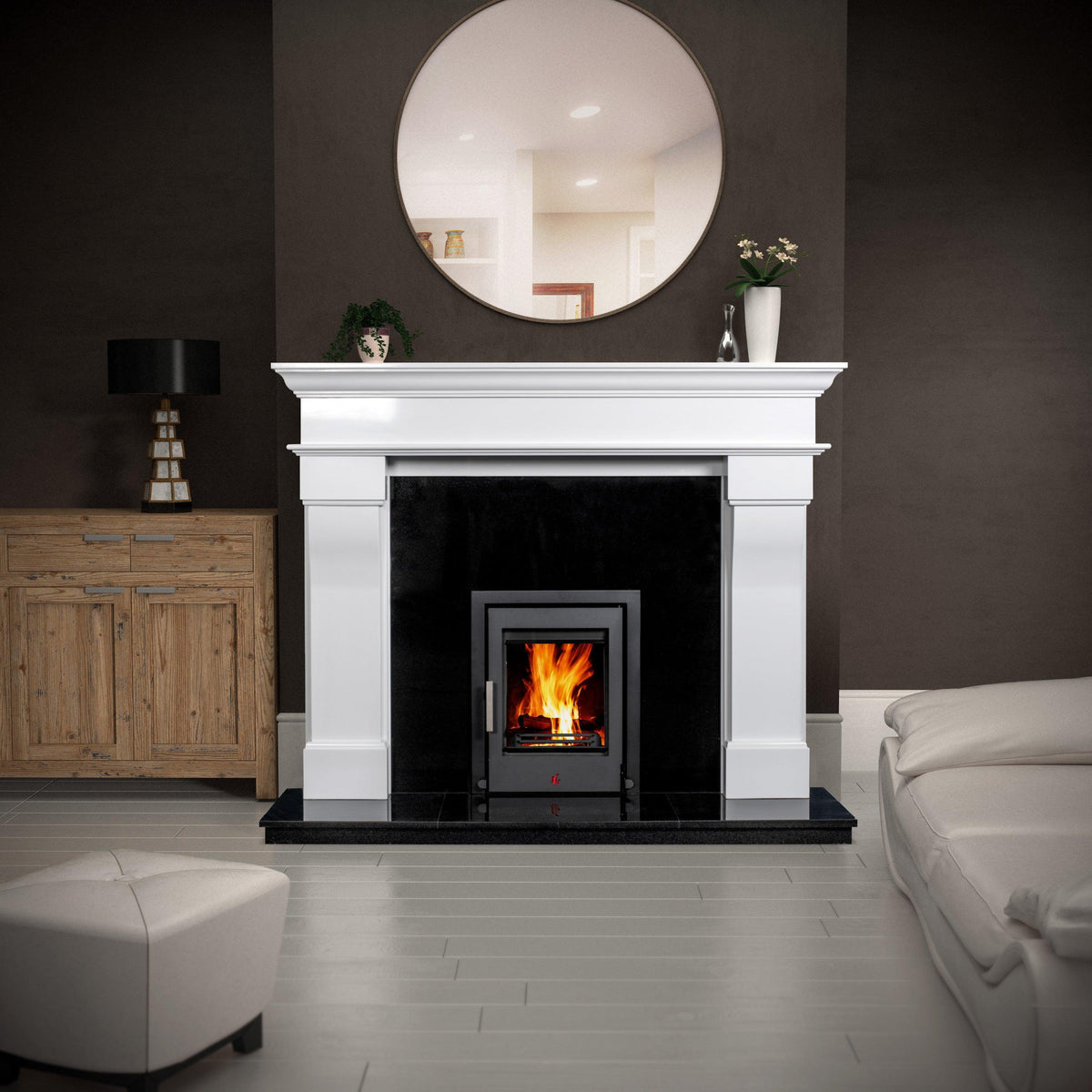 Bordeaux polished fireplace with polar white surround and inset stove in modern living room