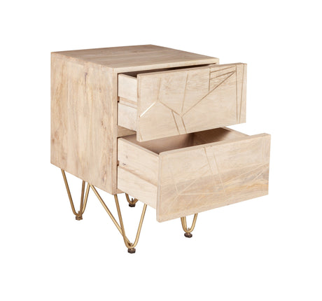 Modern light gold 2 drawer side table with metal inlay on solid wood