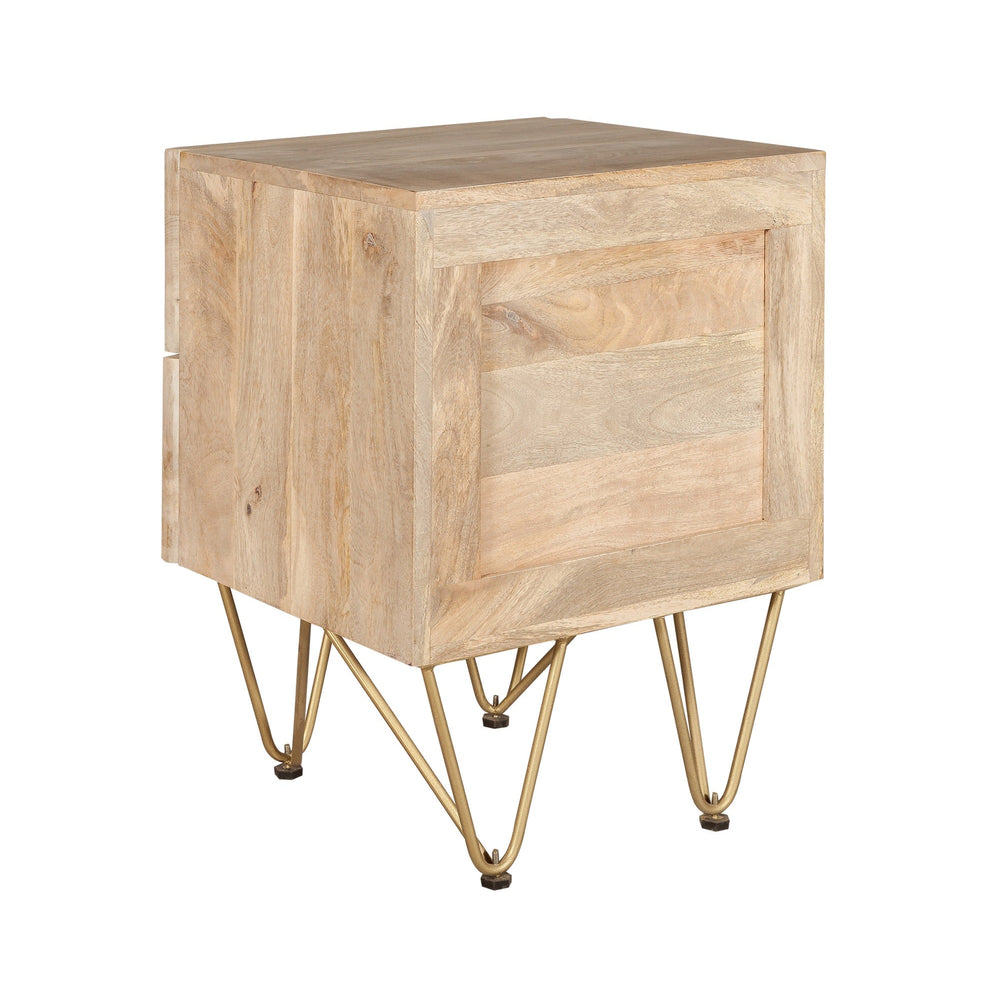 Modern light gold 2 drawer side table with metal inlay on solid wood