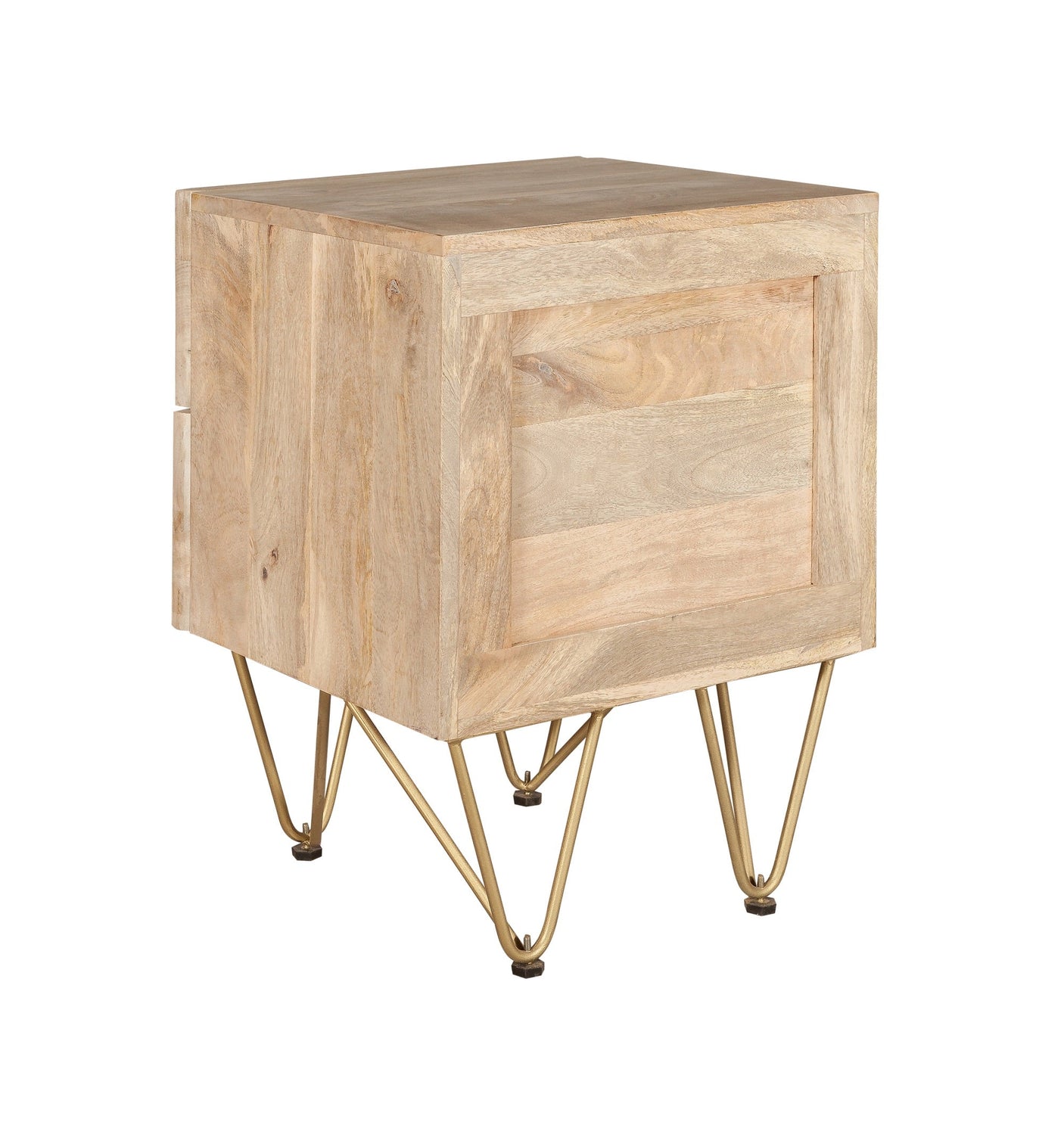Modern light gold 2 drawer side table with metal inlay on solid wood