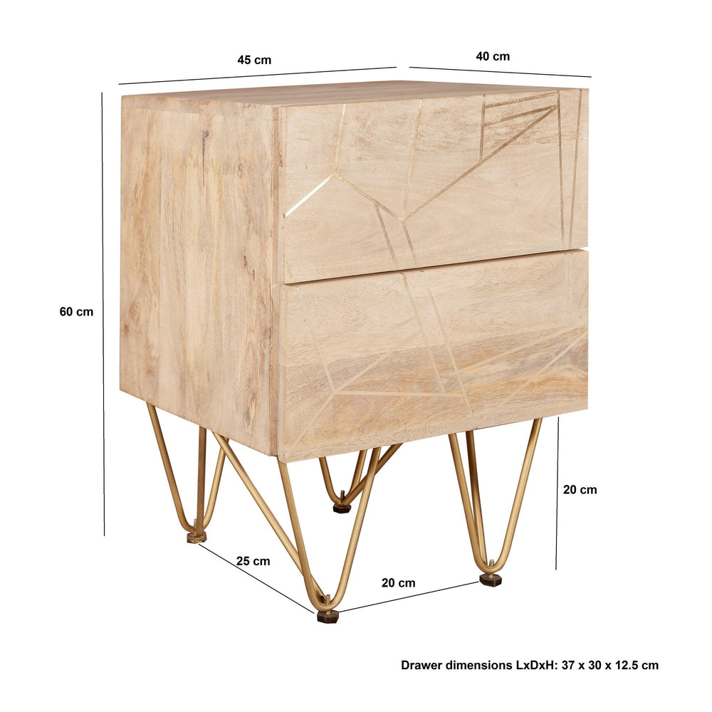 Modern light gold 2 drawer side table with metal inlay on solid wood