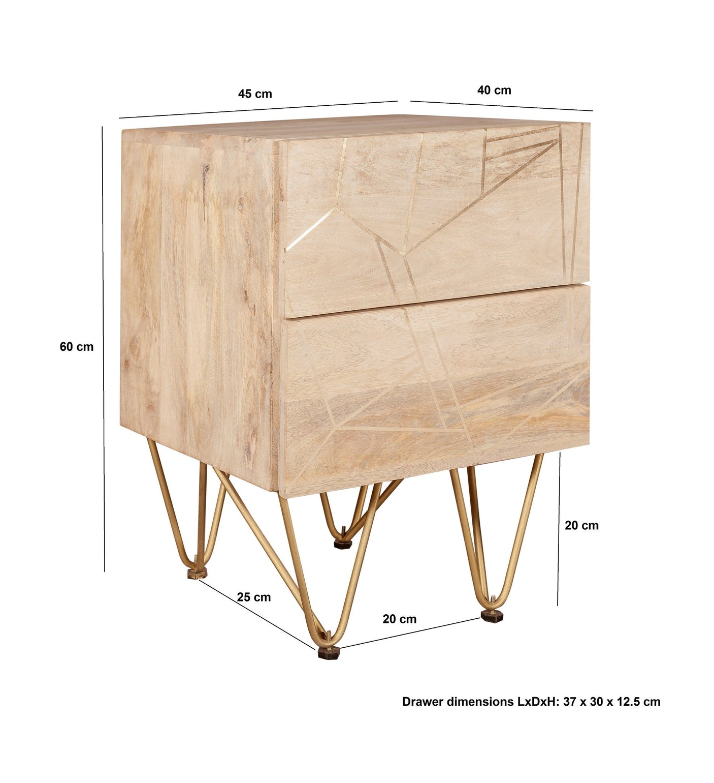 Modern light gold 2 drawer side table with metal inlay on solid wood