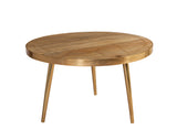 Light gold round coffee table made of solid mango wood with metal inlays