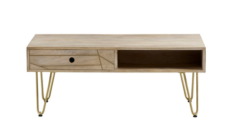 Light gold rectangular coffee table with drawer, solid mango wood and metal inlays
