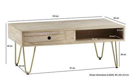 Light Gold Rectangular Coffee Table with Drawer - View 4