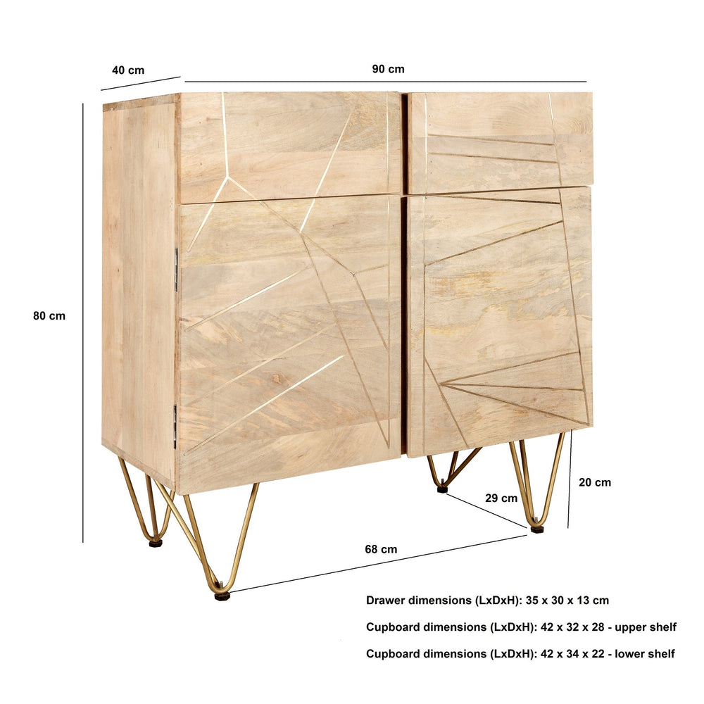 Light gold 2 door medium sideboard made of solid mango wood with metal inlays