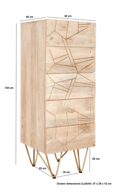 Light Gold Tall Chest of Drawers in solid mango wood with metal inlays