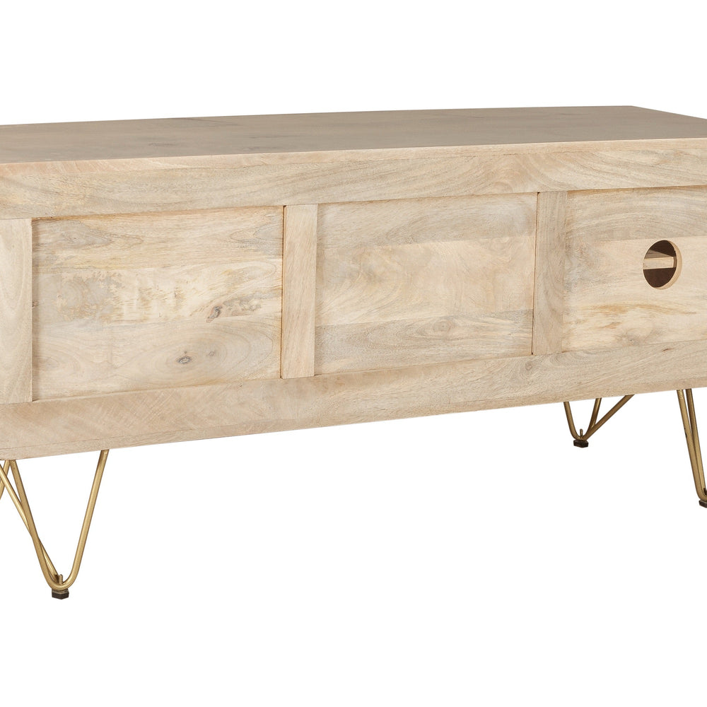 Light Gold Plasma Media Unit made of solid mango wood with metal inlays
