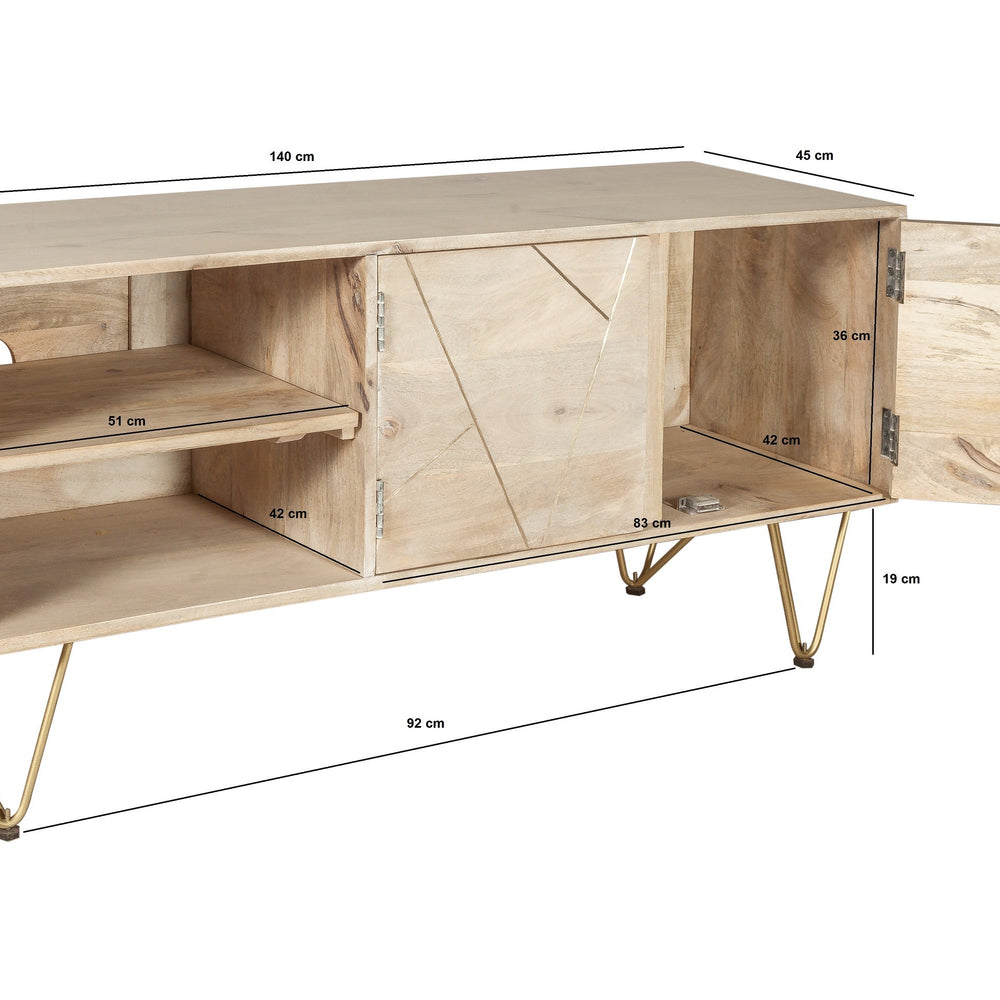 Light Gold Plasma Media Unit made of solid mango wood with metal inlays