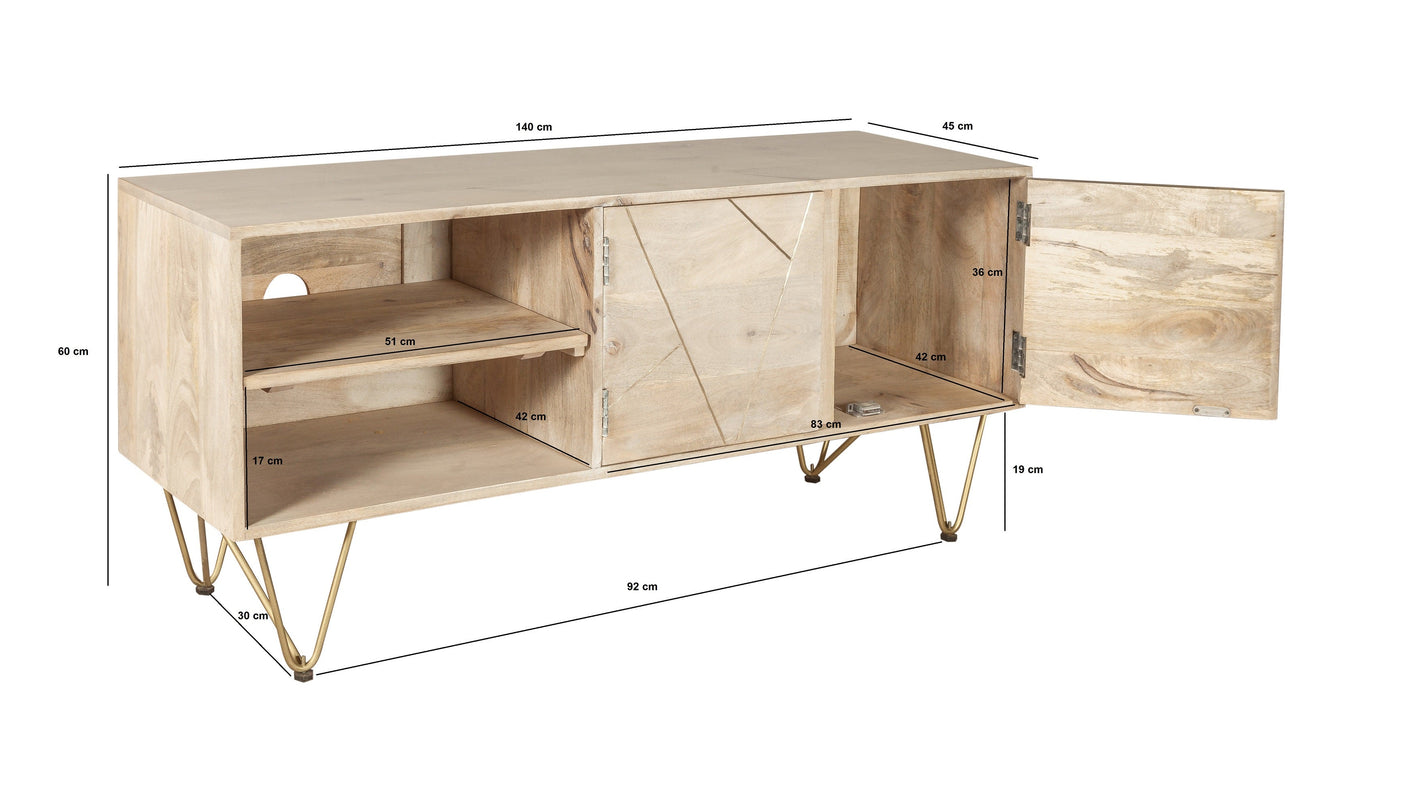 Light Gold Plasma Media Unit made of solid mango wood with metal inlays