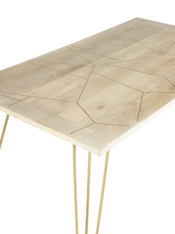 Modern light gold dining table with metal inlays and solid mango wood