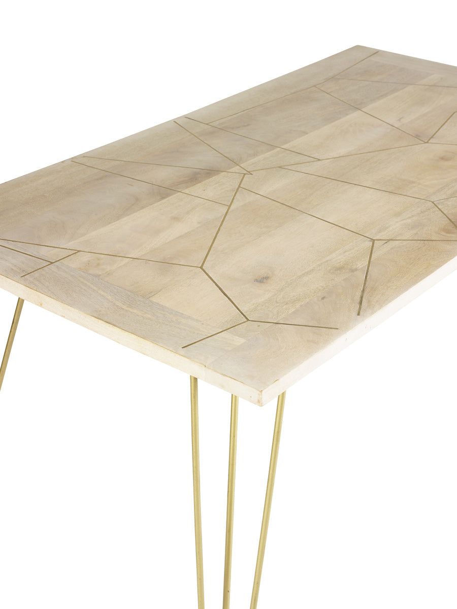Modern light gold dining table with metal inlays and solid mango wood