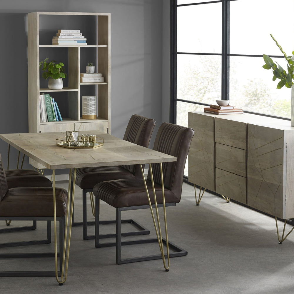 Modern light gold dining table with metal inlays and solid mango wood