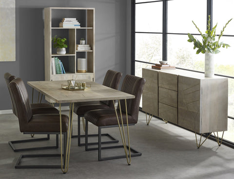 Modern light gold dining table with metal inlays and solid mango wood