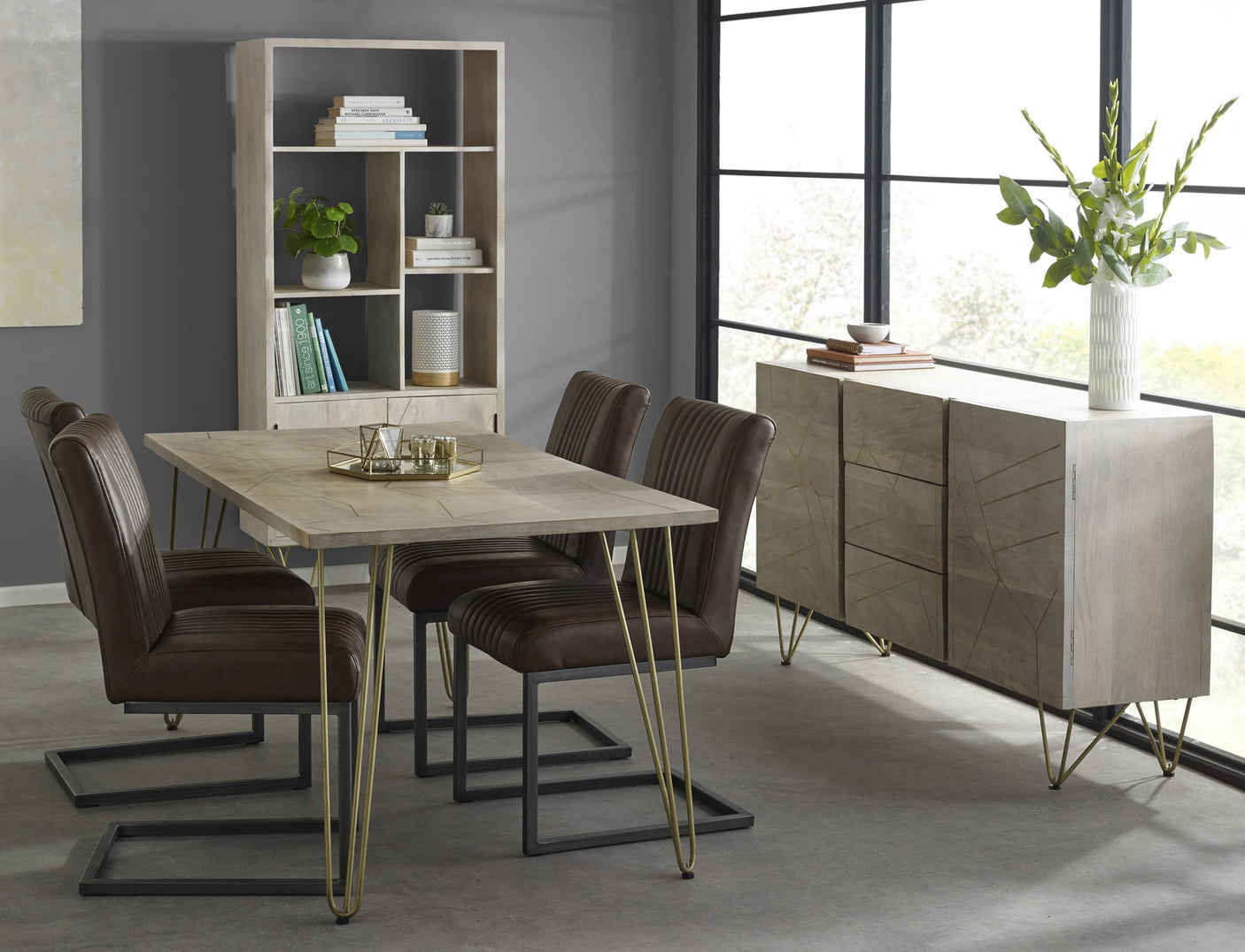Modern light gold dining table with metal inlays and solid mango wood