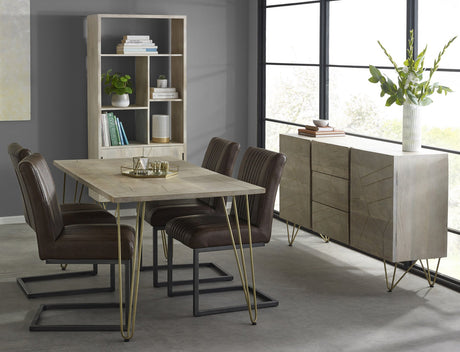 Modern light gold dining table with metal inlays and solid mango wood