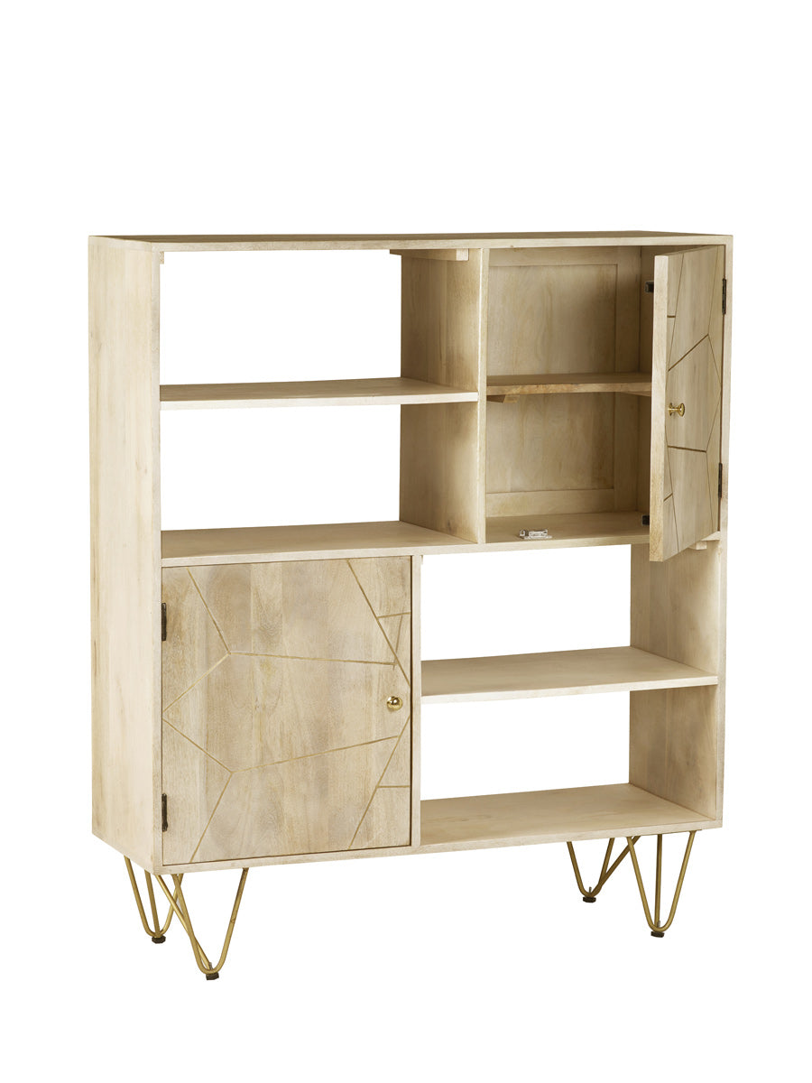 Light gold display cabinet made of solid mango wood with metal inlays
