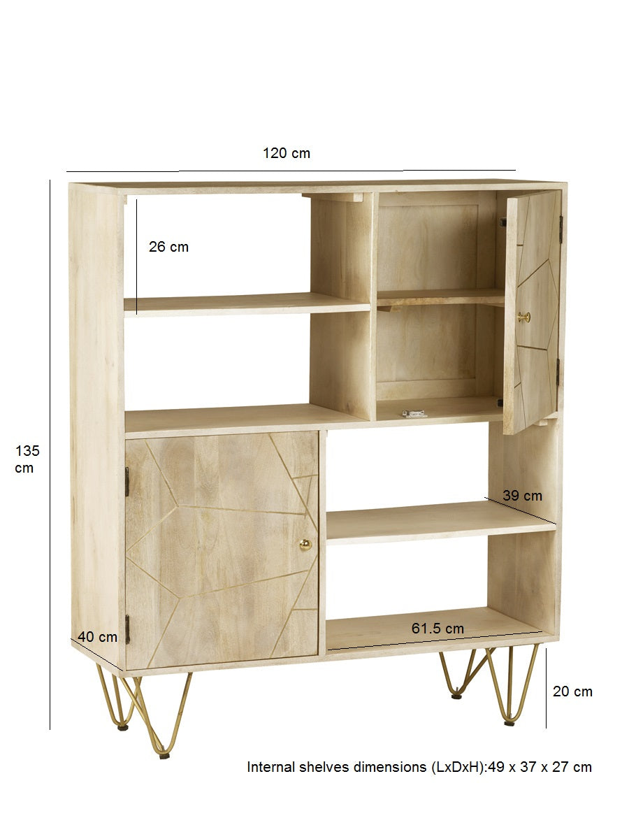 Light gold display cabinet made of solid mango wood with metal inlays