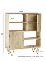 Light gold display cabinet made of solid mango wood with metal inlays