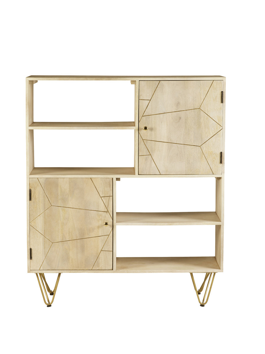 Light gold display cabinet made of solid mango wood with metal inlays