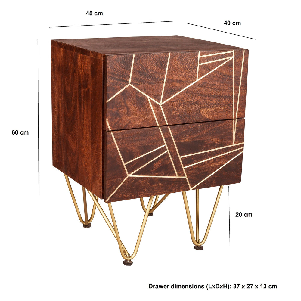 Modern Dark Gold 2 Drawer Side Table with metal inlays on solid wood