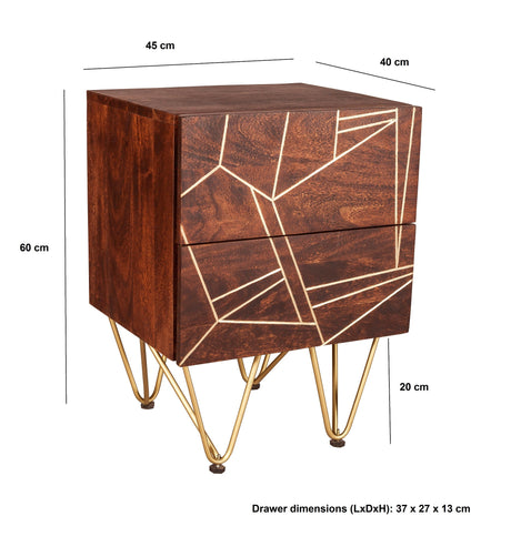 Modern Dark Gold 2 Drawer Side Table with metal inlays on solid wood