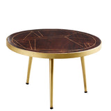 Dark gold round coffee table with metal inlay on solid mango wood