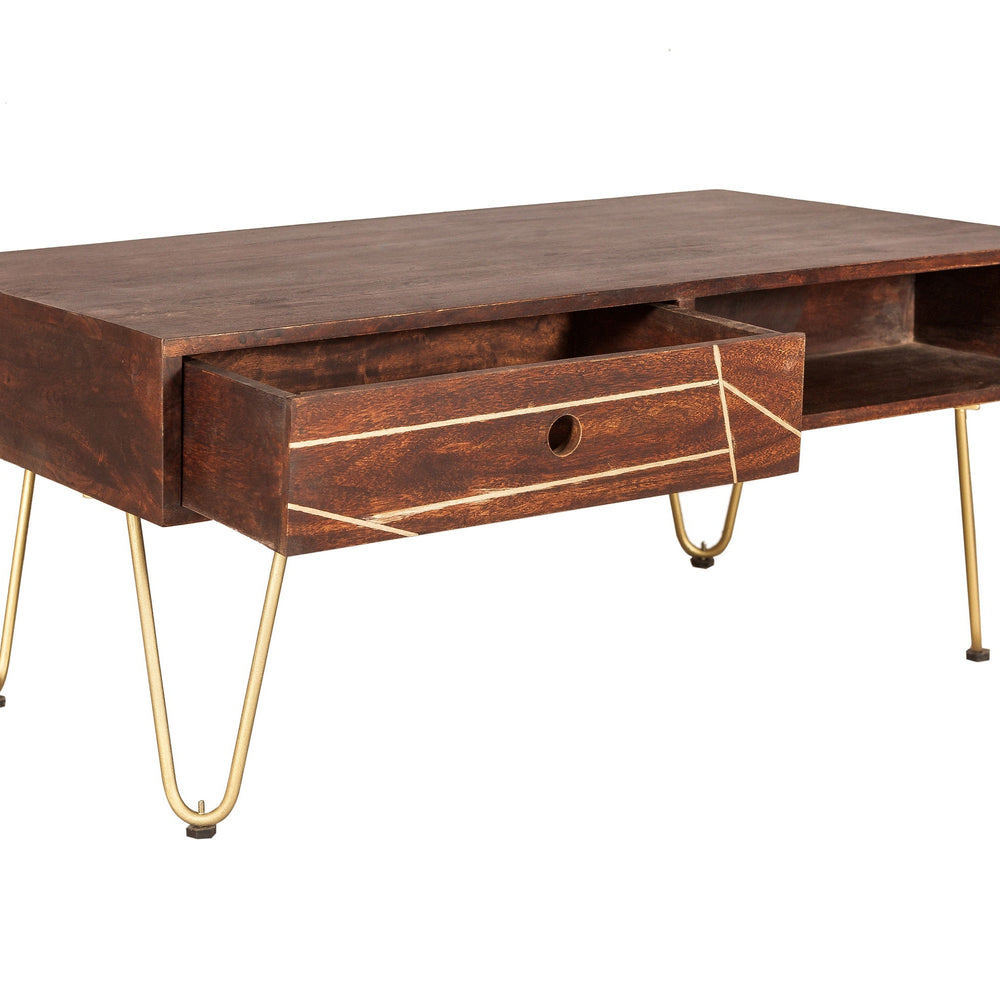 Modern dark gold rectangular coffee table with drawer, solid mango wood and metal inlays