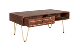 Modern dark gold rectangular coffee table with drawer, solid mango wood and metal inlays
