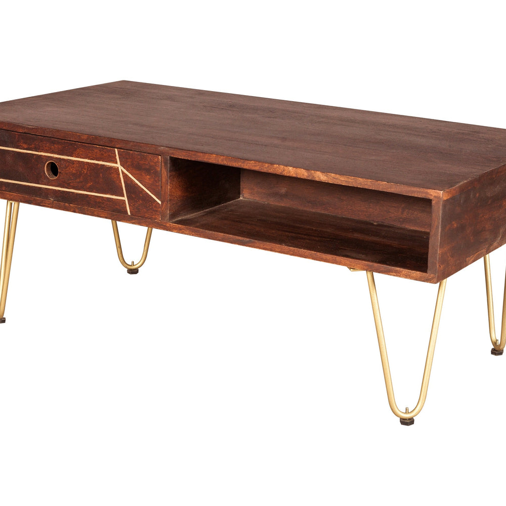 Modern dark gold rectangular coffee table with drawer, solid mango wood and metal inlays