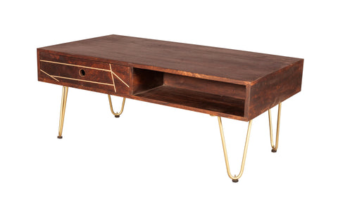 Modern dark gold rectangular coffee table with drawer, solid mango wood and metal inlays