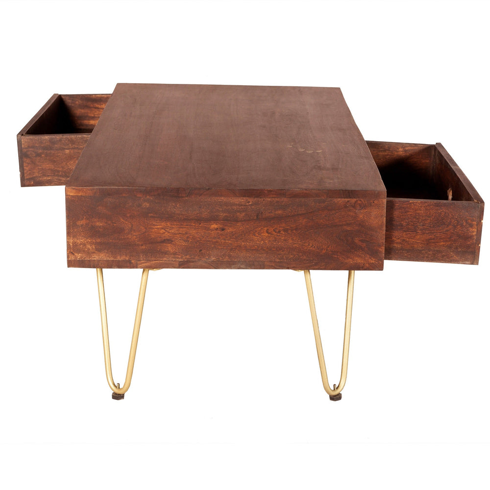 Modern dark gold rectangular coffee table with drawer, solid mango wood and metal inlays