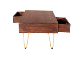 Modern dark gold rectangular coffee table with drawer, solid mango wood and metal inlays