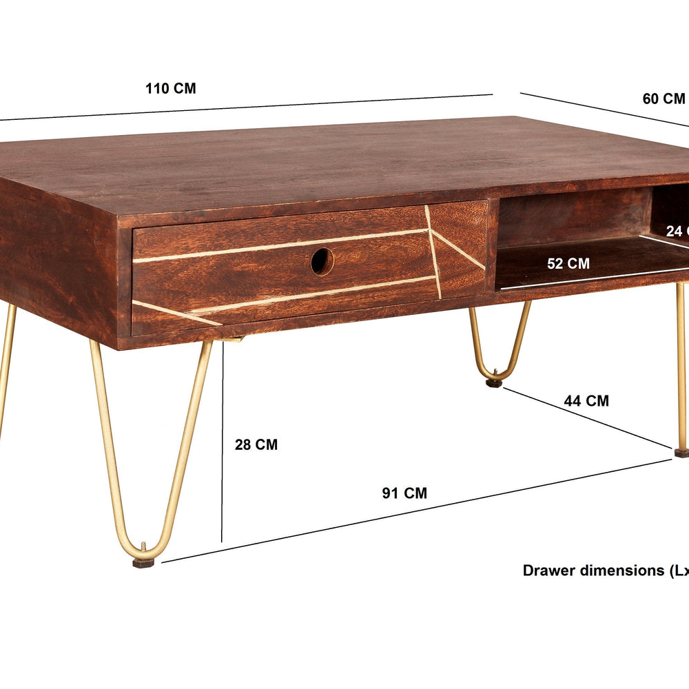 Modern dark gold rectangular coffee table with drawer, solid mango wood and metal inlays