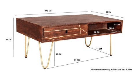 Modern dark gold rectangular coffee table with drawer, solid mango wood and metal inlays