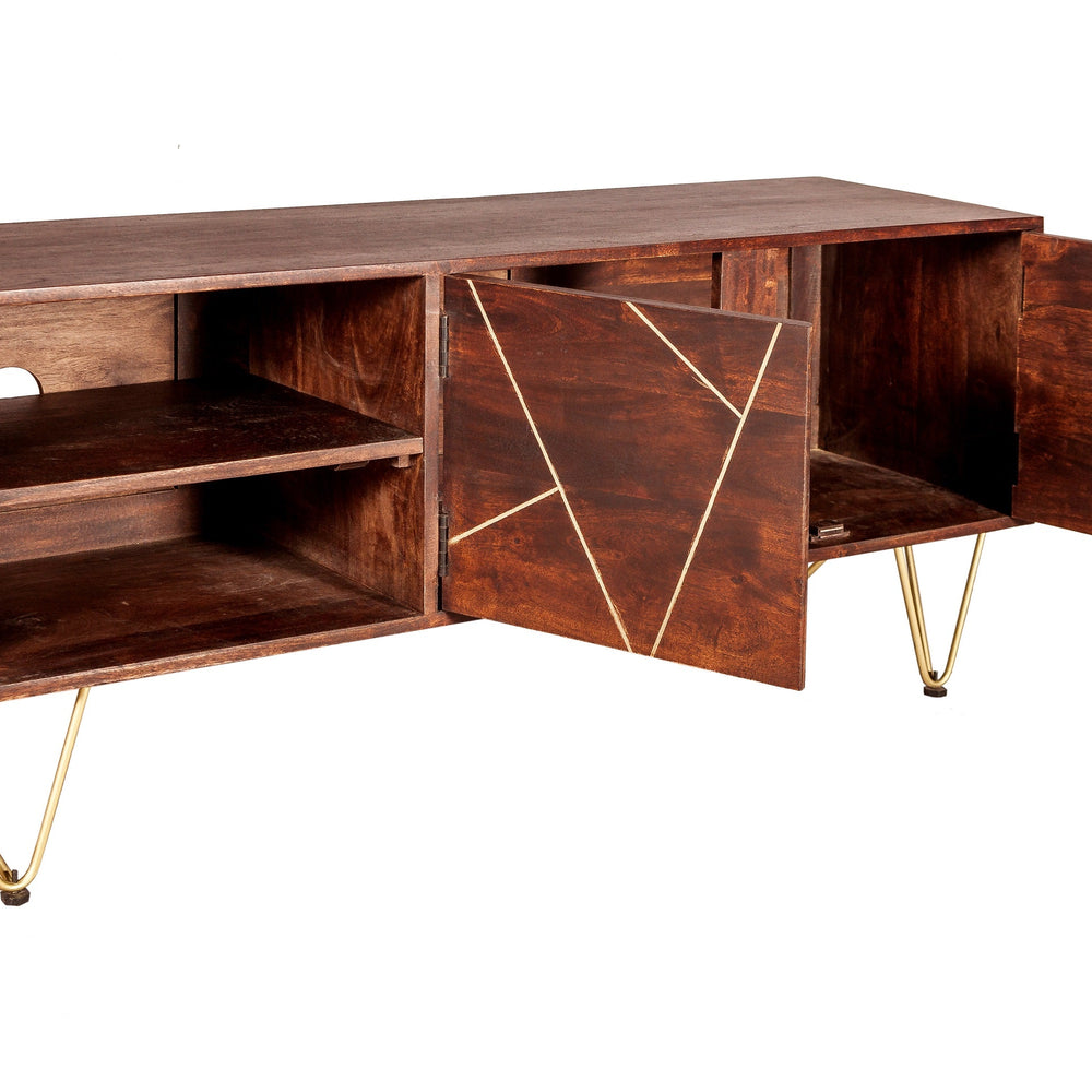 Dark gold plasma media unit made of solid mango wood with metal inlays