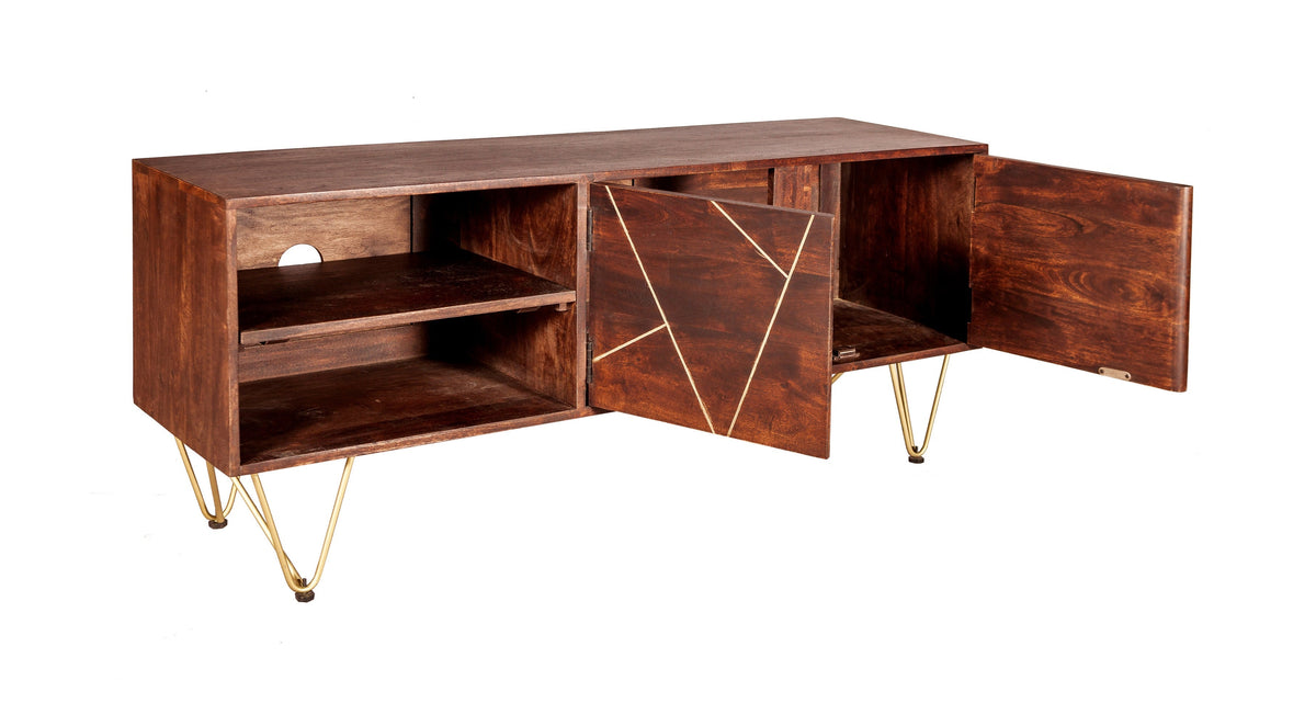 Dark gold plasma media unit made of solid mango wood with metal inlays
