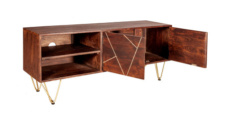 Dark gold plasma media unit made of solid mango wood with metal inlays