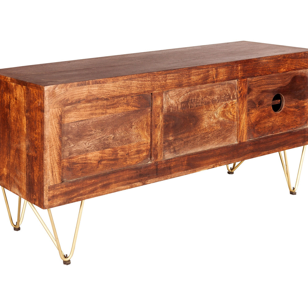 Dark gold plasma media unit made of solid mango wood with metal inlays