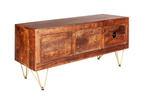 Dark gold plasma media unit made of solid mango wood with metal inlays